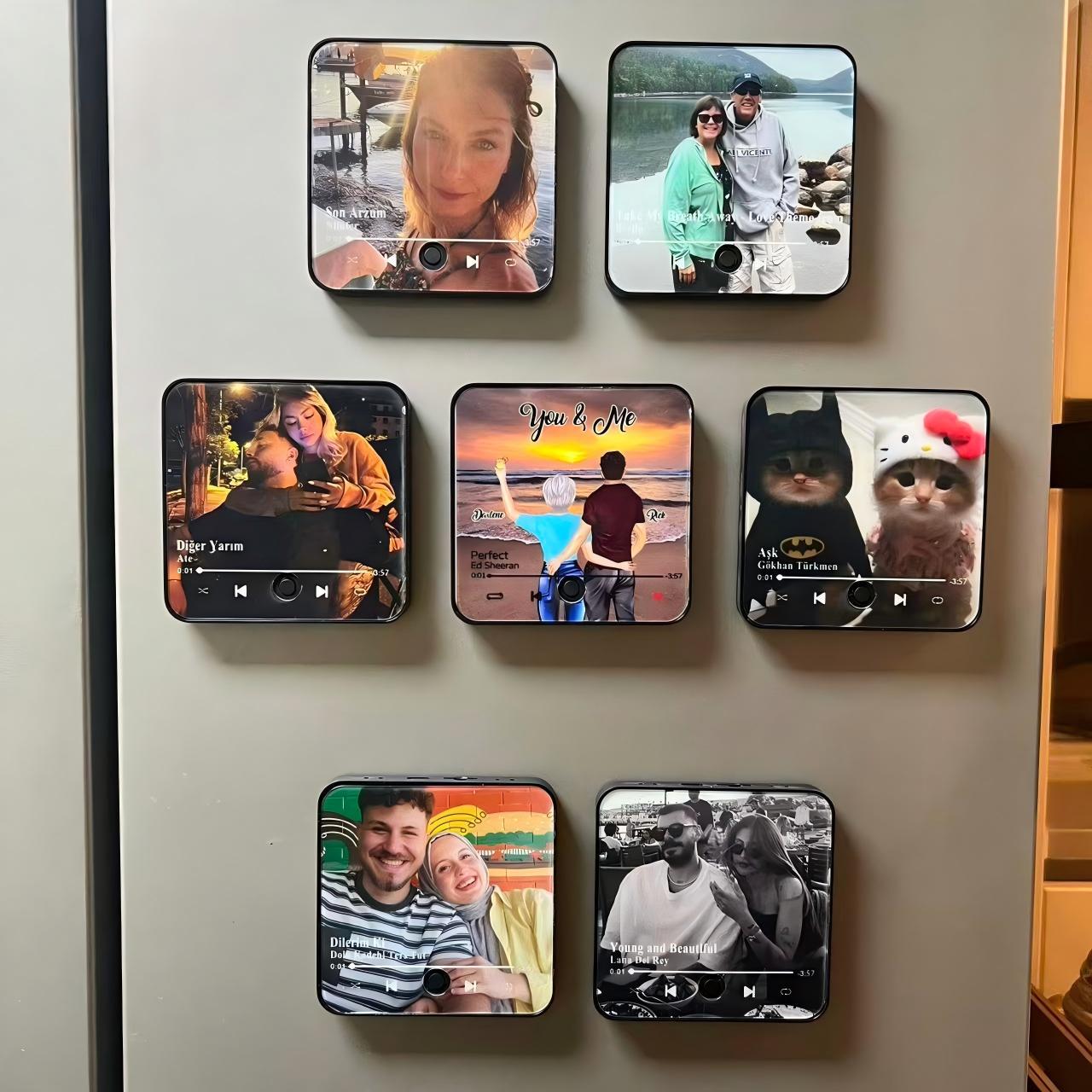 custom music fridge magnet attached to a modern stainless steel refrigerator