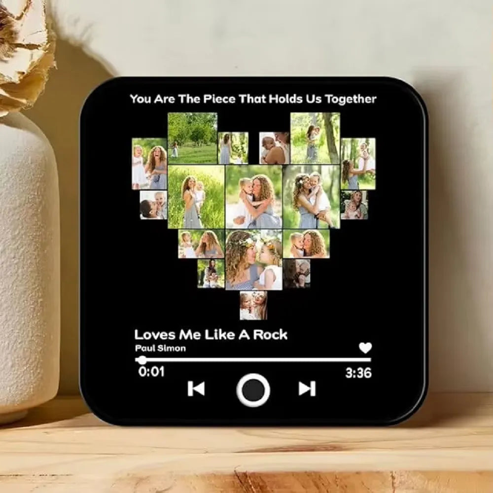 Custom heart-shaped photo collage music fridge magnet featuring high-definition printing and a sleek black frame.