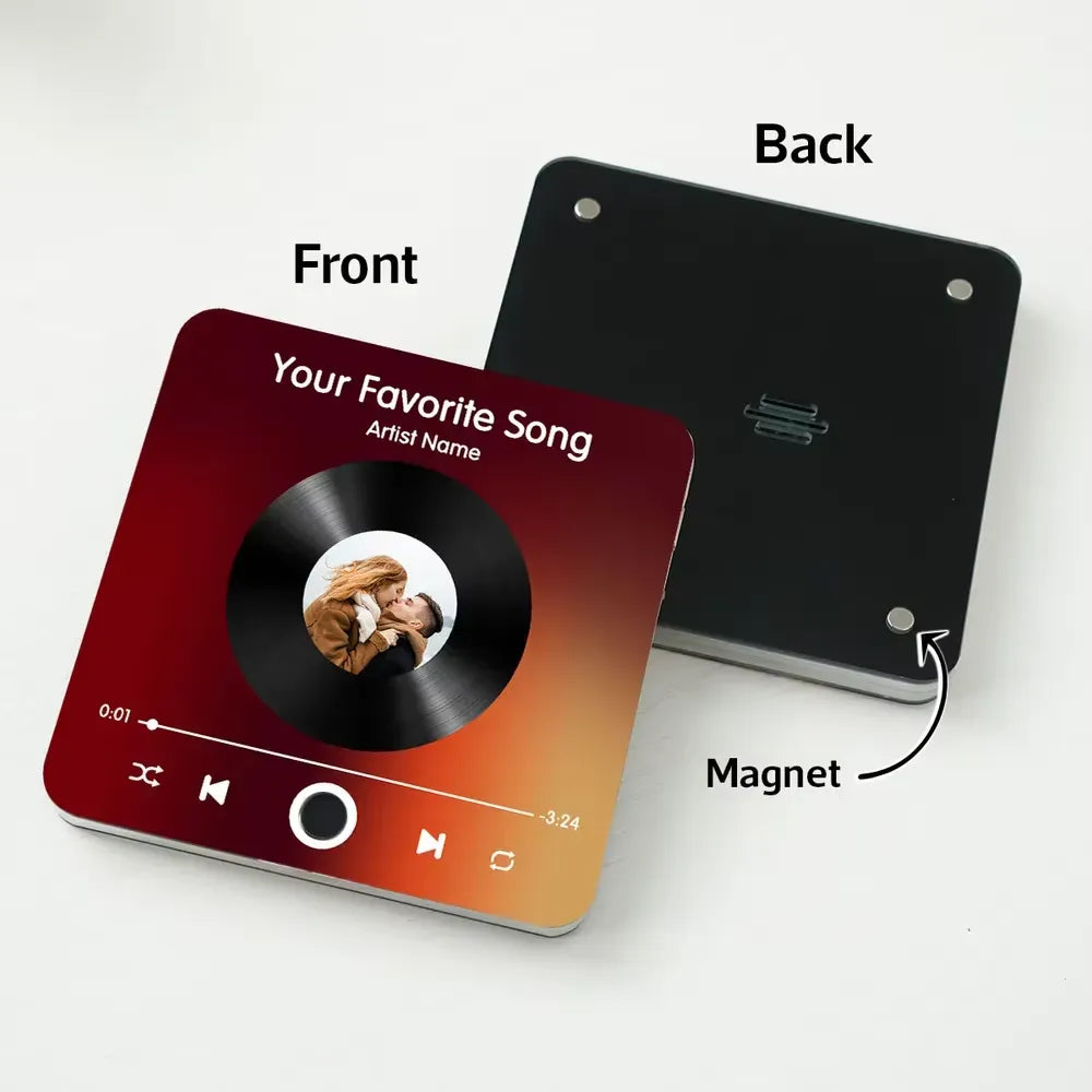 The back view of a personalized photo music magnet showing a powerful magnetic surface for secure attachment to refrigerators